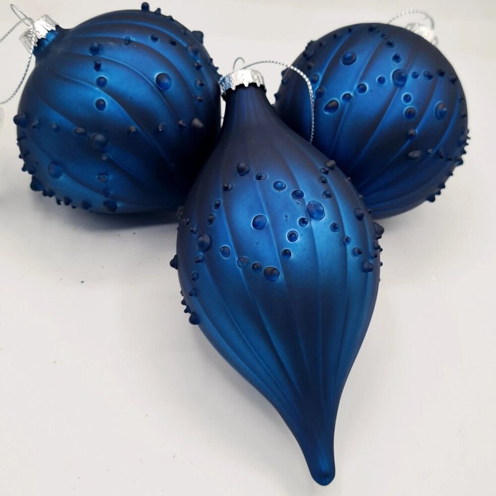 ndigo Blue Ball Finial Onion Textured Glass Ornament 4" Set 3 Christmas